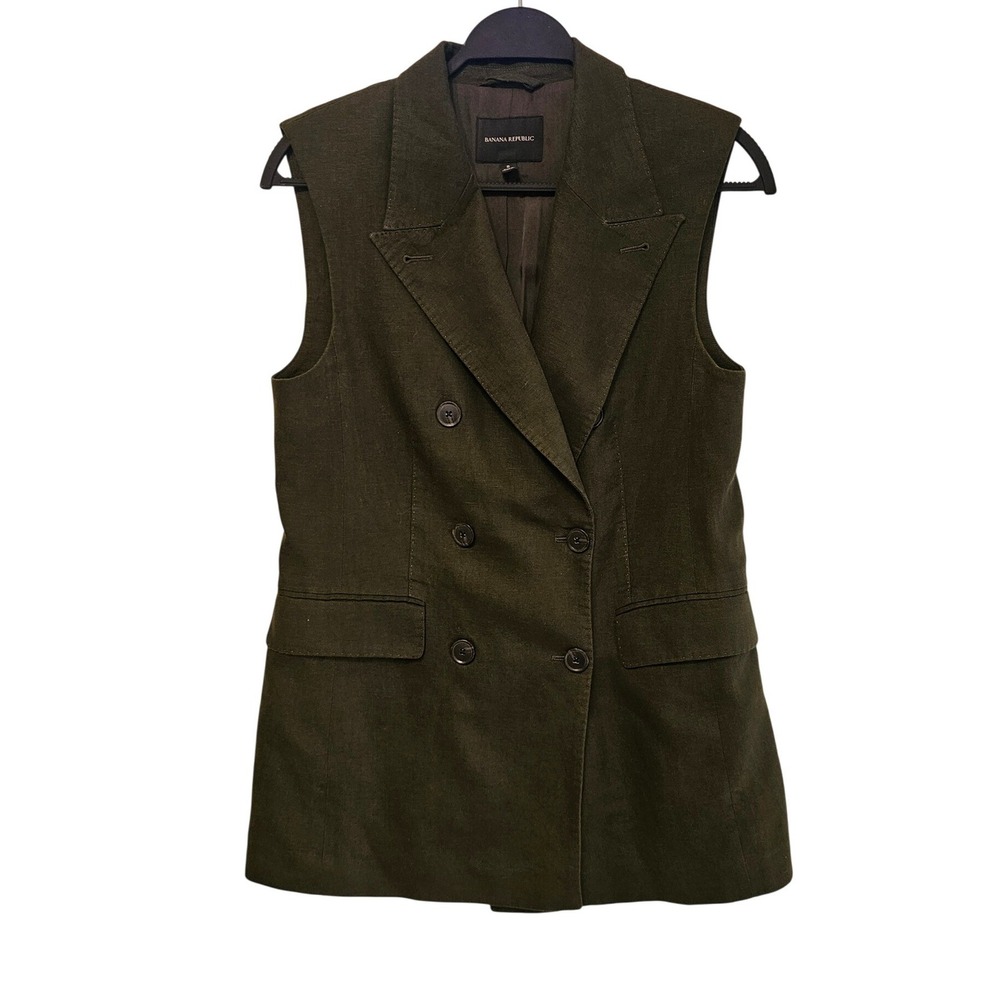 Banana Republic Womens Olive Green Double Breasted Linen Blend Vest Blazer‎ 8